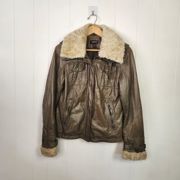 Vintage Jackets & Blazers - Vintage Leather Jacket Green Aviator Shearling Collar Cuffs 1990s Womens Medium